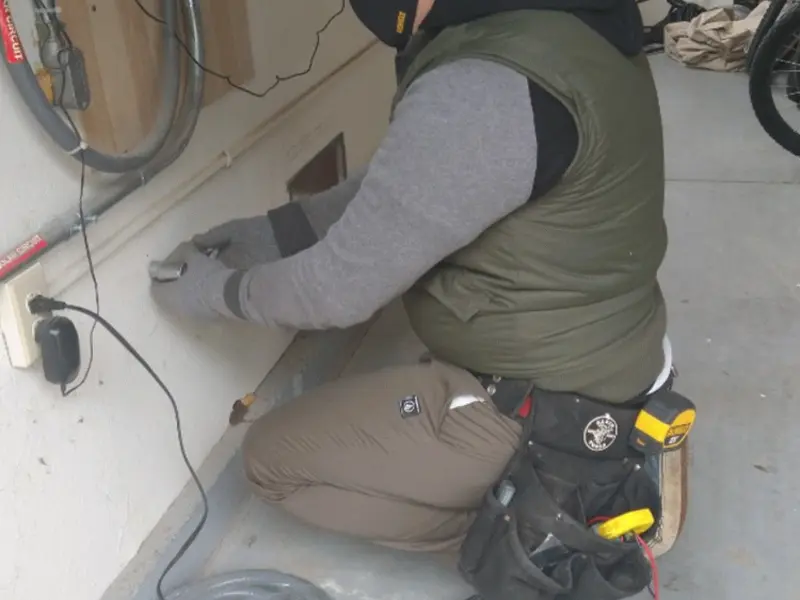 Electrician performing outlet wiring in a South Windsor garage